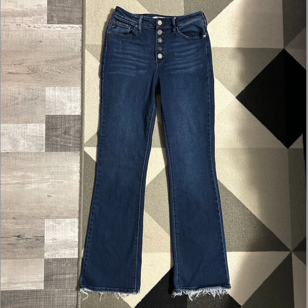 KanCan Dark Washed BUTTON FLY Boot Cut Raw Hem Jeans Size 9/28